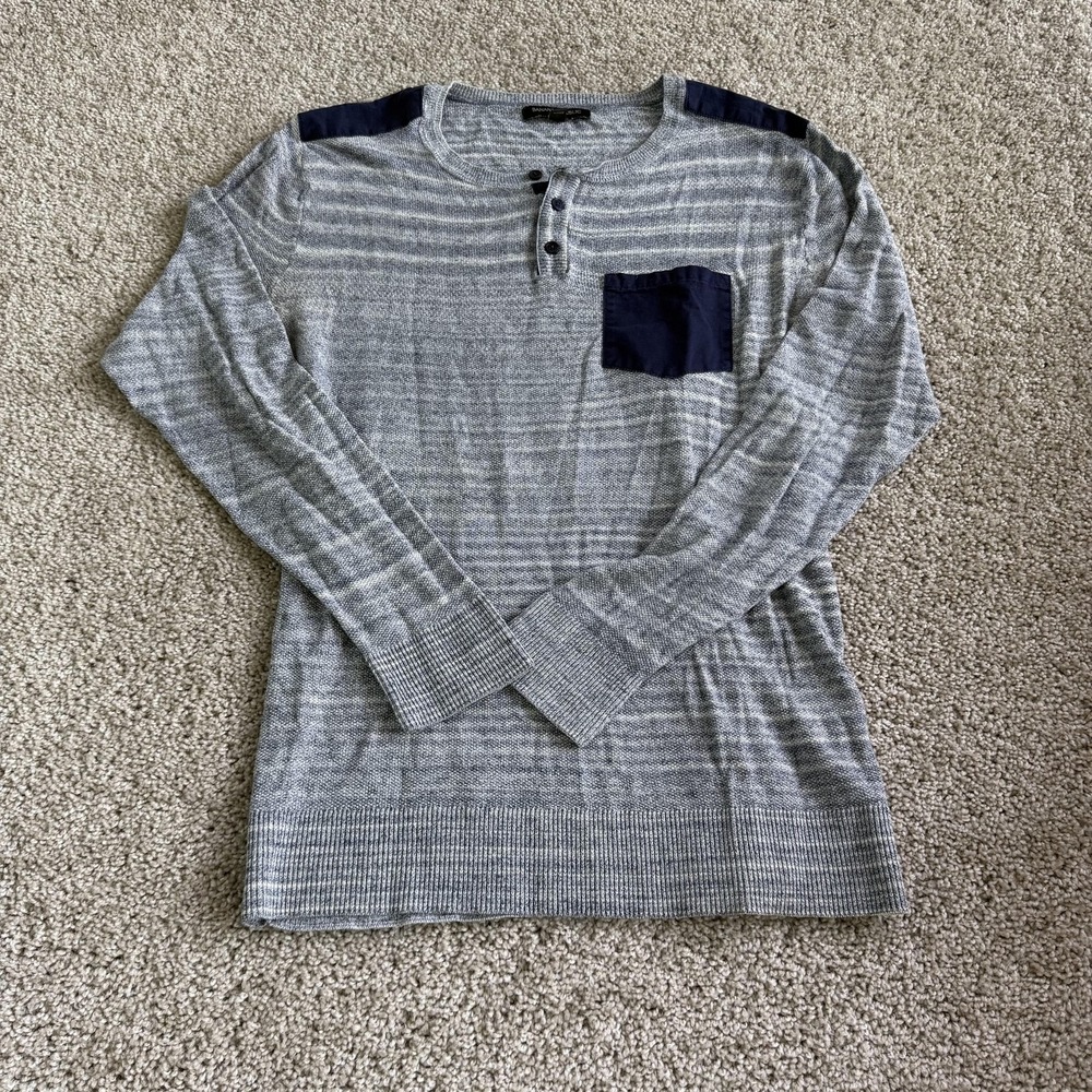 Banana Republic Sweater Mens Small Gray Striped Tight Knit Henley Pullover